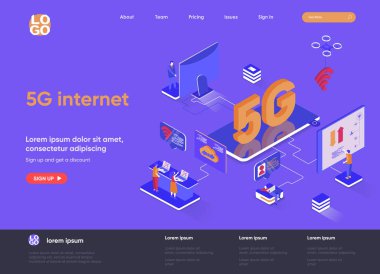 5G internet izometrik iniş sayfası. Mobil telekomünikasyon, 5G üretim teknoloji standardı, hücresel ağlar izometri web sayfası. Web sitesi düz şablonu, insan karakterli vektör illüstrasyonu.
