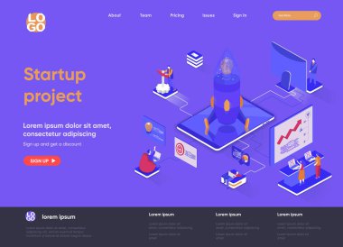 Başlangıç projesi izometrik iniş sayfası. Başlangıç kurucuları takımı yeni proje izometri web sayfasını başlatıyor. Innovation solution development website şablon, vektör illüstrasyon with people characters.