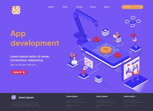 Desenvolvimento de aplicativos landing page isométrica. UI UX design, prototipagem, engenharia e aplicação de programação. Página web de isometria de tecnologia digital. Ilustração vetorial do site com personagens de pessoas. —  Vetores de Stock