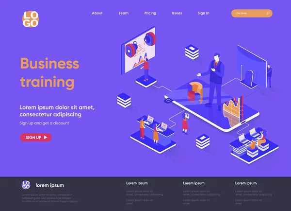 Formação empresarial landing page isométrica. Educação empresarial, curso de desenvolvimento de carreira, motivação e mentoring isometria página web. Modelo plano do site, ilustração vetorial com personagens de pessoas. —  Vetores de Stock