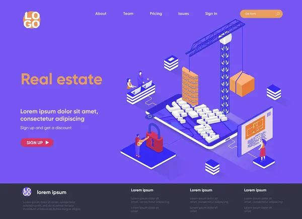 Real estate isometric landing page. Residential and commercial real estate property, engineering and construction isometry web page. Website flat template, vector illustration with people characters. — Stock Vector