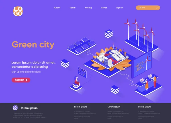 Green City izometrik iniş sayfası. Ekoloji koruma ve güvenlik, yenilenebilir kaynaklar yeşil enerji teknolojisi izometri web sayfasını sonlandırıyor. Web sitesi düz şablonu, insan karakterli vektör illüstrasyonu — Stok Vektör