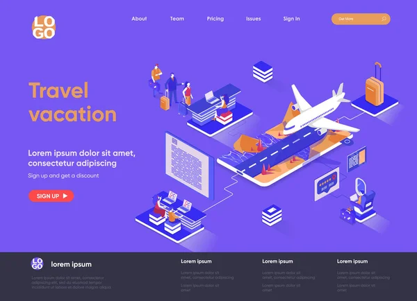 Landing page isométrica de vacaciones de viaje. Solución web para organización de viajes, check-in en línea, servicio de reserva de vuelos isometría página web. Plantilla plana del sitio web, ilustración vectorial con caracteres de personas — Archivo Imágenes Vectoriales