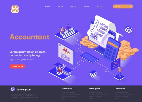 Accountant isometric landing page. Business accounting and financial statements, payment balance and taxes isometry web page. Website flat template, vector illustration with people characters. — Stock Vector