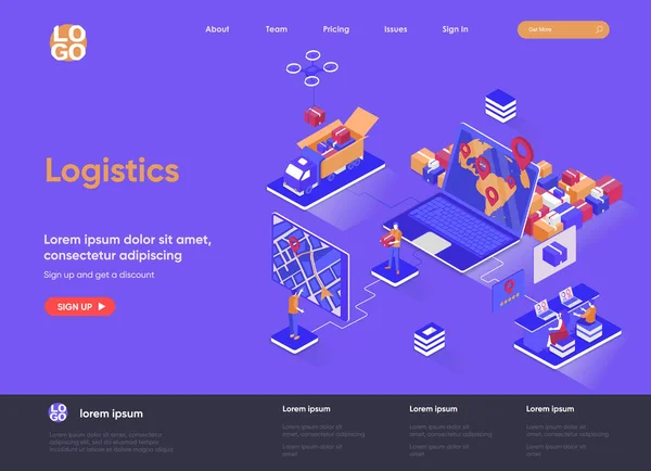 Landing page isométrica logística. Servicio de entrega urgente, envío global de carga, almacenamiento y distribución isometría página web. Plantilla plana del sitio web, ilustración vectorial con caracteres de personas. — Vector de stock