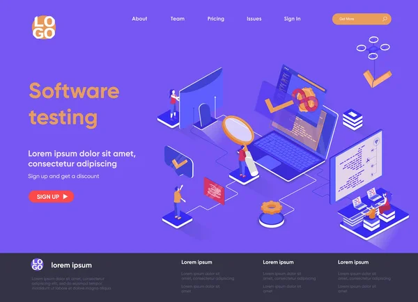 Software testing isometric landing page. Software testing and quality assurance, search of bugs and analysis process isometry web page. Website template, vector illustration with people characters. — Stock Vector