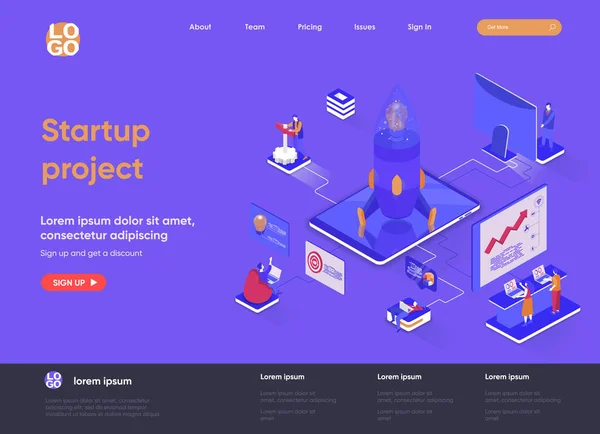 Startup project isometric landing page. Team of startup founders launching new project isometry web page. Innovation solution development website template, vector illustration with people characters. — Stock Vector