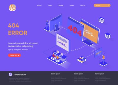 404 hata izometrik iniş sayfası tasarımı. Web sayfası izometri kavramı bulunamadı. Sistem güncellemeleri, internet bağlantısı kesilmesi, bakım aşamasındaki site tasarımı. İnsan karakterleri ile vektör illüstrasyonu.