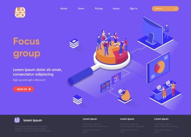 Odaklanma grubu izometrik iniş sayfası. Piyasa araştırma metodu izometri konsepti. Müşterek tartışma ve geri bildirim, tüketicilerin web sayfasının odaklı röportajı. İnsan karakterleri ile vektör illüstrasyonu.