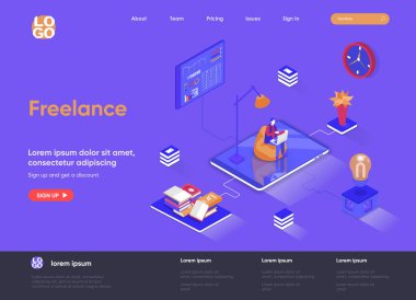 Serbest izometrik iniş sayfası. Dış kaynak hizmetleri, ev ofisi izometri konsepti. Profesyonel serbest meslek, uzak iş gücü düz web sayfası. İnsan karakterleri ile vektör illüstrasyonu.