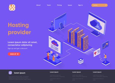 Sunucu izometrik iniş sayfası. Web sitesi sunucu servisi izometri kavramı. İnternet sağlayıcısı donanım ve yazılım teknolojisi düz tasarım. İnsan karakterleri ile vektör illüstrasyonu.