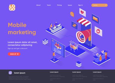 Mobil pazarlama ajansı izometrik iniş sayfası. Pazarlama kampanyası izometri kavramını hedefliyorum. Mobil reklam ve tanıtım platformu düz web sayfası. İnsan karakterleri ile vektör illüstrasyonu.