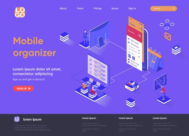 Mobil organizatör izometrik iniş sayfası. İş planlama izometri konsepti için mobil uygulama. Çalışma etkinlikleri ve görevler düz web sayfası düzenleniyor. İnsan karakterleri ile vektör illüstrasyonu.