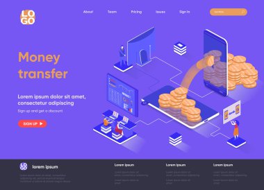 Para transferi izometrik iniş sayfası. İnternet bankacılığı mobil uygulama izometri kavramı. Çevrimiçi para transferi ve ödeme servisi düz web sayfası. İnsan karakterleri ile vektör illüstrasyonu.