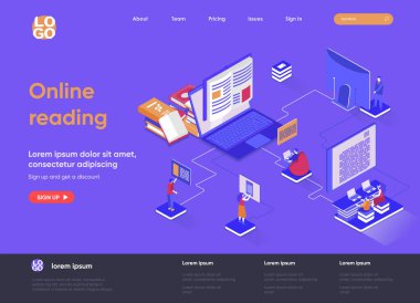 Çevrimiçi okuma izometrik iniş sayfası. Uzaklık eğitimi ve bilgi izometri kavramı. E-kitap okuma uygulaması, online kütüphane servisi düz web sayfası. İnsan karakterleri ile vektör illüstrasyonu.