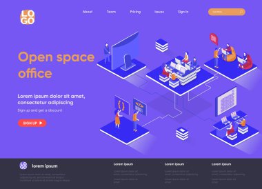 Uzay ofisinin izometrik iniş sayfasını aç. Açık alan izometri kavramının birlikte çalışması. Geliştiriciler için rahat bir iş yeri düz web sayfası. İnsan karakterleri ile vektör illüstrasyonu.