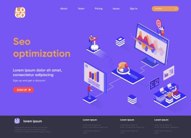 İniş sayfası tasarımı. İnternet analitiği, çevrimiçi araştırma yazılımı izometri kavramı. İlgili aramalar için web sitesi optimizasyonu. İnsan karakterleri ile vektör illüstrasyonu.