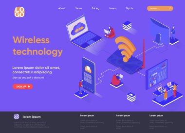 Kablosuz teknoloji izometrik iniş sayfası. WiFi ağ iletişimi, internet paylaşımı izometri kavramı. Çeşitli aygıtlar ağ bağlantısı düz web sayfası. İnsan karakterleri ile vektör illüstrasyonu.