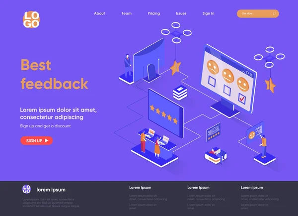 Best feedback isometric landing page. Online customers opinion, rating and review isometry concept. Social media marketing, feedback comment flat web page. Vector illustration with people characters. — Stock Vector