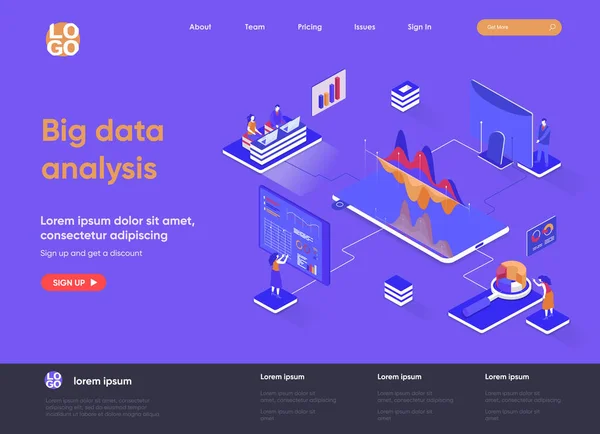 Big data analysis isometric landing page. Analytics and business intelligence isometry concept. Online analysis tools, software development company web page. Vector illustration with people characters — Stock Vector