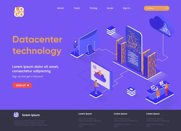 Tecnologia de data center landing page isométrica. Conceito de isometria de serviço de hospedagem na Internet. Computação de data center e equipamento de rede página web plana. Ilustração vetorial com personagens de pessoas. — Vetor de Stock