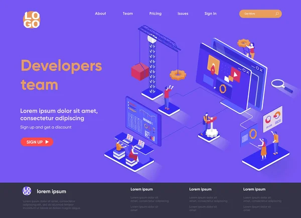 Developers team isometric landing page. Full stack software development company isometry concept. App engineering, programming and testing flat web page. Vector illustration with people characters. — Stock Vector