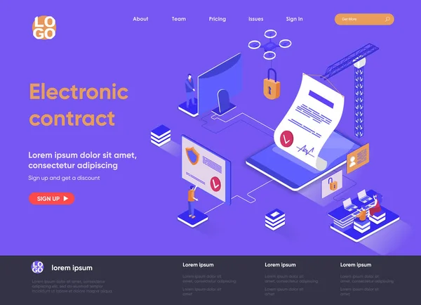 Contrato eletrônico isométrico design de landing page. Contrato de assinatura on-line ou documentos conceito de tecnologia isometria. Solução de assinatura digital página web plana. Ilustração vetorial com personagens de pessoas. — Vetor de Stock