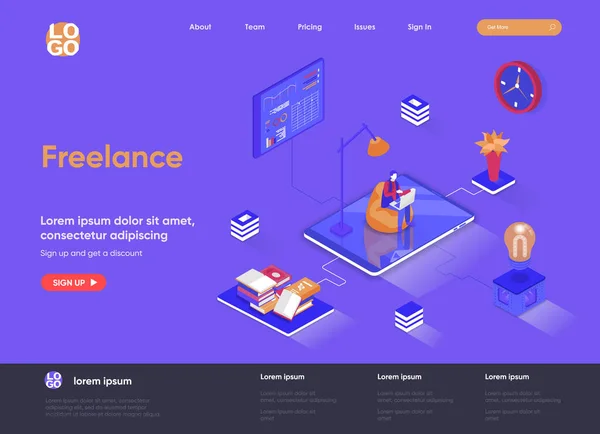 Freelance isometrische landingspagina. Outsourcing diensten, home office isometrie concept. Professionele zelfstandige beroep, externe arbeidskrachten platte webpagina. Vector illustratie met personages. — Stockvector