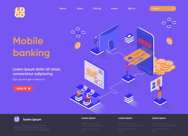 Mobil bankacılık izometrik iniş sayfası. Akıllı finans uygulaması, para işlemleri ve ödemeler izometri konsepti. Dijital cüzdan mobil uygulama düz web sayfası. İnsan karakterleri ile vektör illüstrasyonu. — Stok Vektör