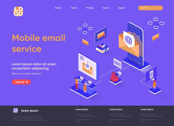 Mobiele e-mail service isometrische landing pagina. E-mail smartphone app, social network messaging isometrie concept. Online mensen communicatie software webpagina. Vector illustratie met personages. — Stockvector