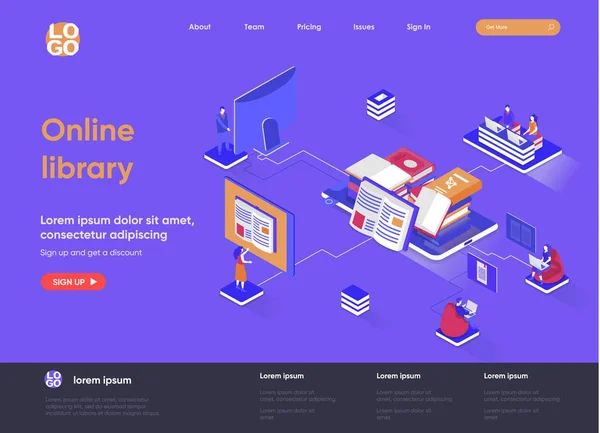 Online library isometric landing page. E-library application, electronic books service isometry concept. Distance education and knowledge flat web page. Vector illustration with people characters. — Stock Vector