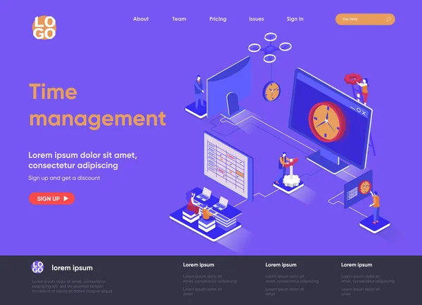 Tijdmanagement isometrische landingspagina. Effectieve planning workflow en het uitvoeren van taken isometrie concept. Naleving van deadlines, hoge arbeidsproductiviteit. Vector illustratie met personages. — Stockvector