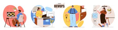 DevOps konsept sahneleriniz hazır. Yazılım geliştirme, işletim süreci, teknik destek üzerine çalışan programcılar. İnsan aktiviteleri koleksiyonu. Düz dizayndaki karakterlerin vektör illüstrasyonu