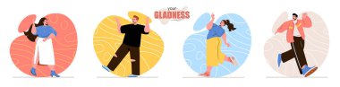 Gladness konsept sahneleriniz hazır. Gülümseyen erkekler ve kadınlar zıplar ve olumlu duygular ifade ederler. Neşe ya da mutluluk. İnsan aktiviteleri koleksiyonu. Düz dizayndaki karakterlerin vektör illüstrasyonu