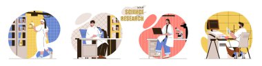 Bilim Araştırma konsepti sahneleriniz hazır. Bilim adamları keşifler yapar, laboratuvar testleri yapar, bilimsel gelişmeler yapar. İnsan aktiviteleri koleksiyonu. Düz dizayndaki karakterlerin vektör illüstrasyonu