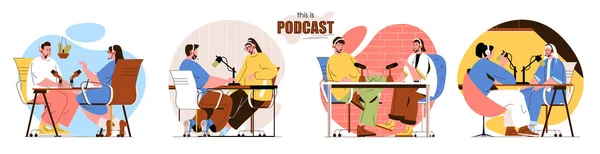 Dit zijn podcast concept scènes. Mensen in headsets praten in de studio, zenden live uit of nemen een gesprek op. Verzameling van menselijke activiteiten. Vector illustratie van karakters in plat ontwerp — Stockvector