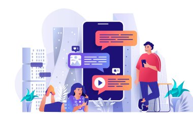 Düz tasarımla mesajlaşma hizmeti kavramı. Çevrimiçi iletişim ve e-posta sahne şablonu. Cep telefonuyla mesajlaşan erkek ve kadın, mesaj gönderin. İnsanların karakter etkinliklerinin vektör illüstrasyonu