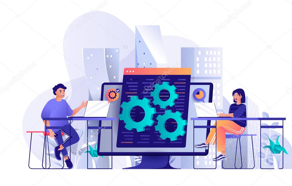 Developers team concept in flat design. Colleagues work together at project scene template. Man and woman develop, setting, testing, tech support. Vector illustration of people characters activities