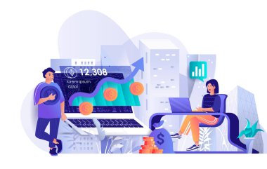 Kripto para birimi yatırım konsepti düz tasarımda. Dijital para madenciliği sahnesine karlı bir yatırım. Gelir artışı, kar artışı. İnsanların karakter etkinliklerinin vektör illüstrasyonu