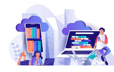 Düz tasarımda bulut kütüphanesi kavramı. Çevrimiçi kütüphane ve e-kitap sahne şablonu. Kadın ve erkek akıllı telefonlardan kitap okuyor, internetten kitap arıyor. İnsanların karakter etkinliklerinin vektör illüstrasyonu