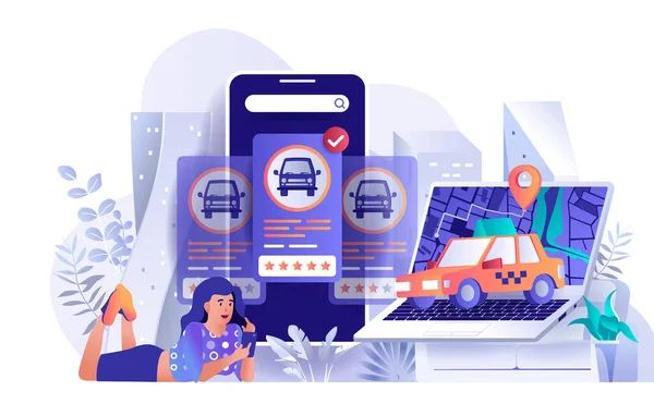 タクシー予約のコンセプトは、フラットデザイン。女性はモバイルアプリケーションシーンテンプレートを使用して車を注文します。市内の旅客輸送、地図の場所。人物活動のベクトルイラスト — ストックベクタ