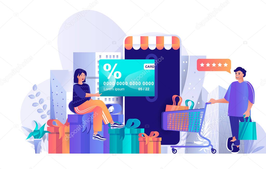 Shop loyalty program concept in flat design. Gifts, discounts and bonuses for regular customers scene template. Man and woman shopping online. Vector illustration of people characters activitie