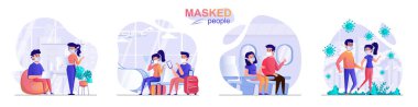 Maskeli insanların konsept sahneleri. Erkekler ve kadınlar kamusal alanlarda, kafelerde, havaalanlarında, uçaklarda koruyucu maskeler takarlar. İnsan aktiviteleri koleksiyonu. Düz dizayndaki karakterlerin vektör illüstrasyonu