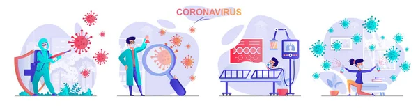 Cenários conceituais do Coronavirus. Trabalhador médico combate vírus, cientista desenvolve vacina, paciente doente hospitalizado. Coleção de atividades de pessoas. Ilustração vetorial de personagens em design plano —  Vetores de Stock