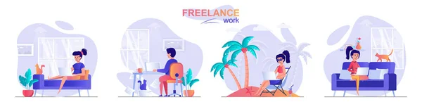 Freelance work concept scenes set. Woman working sitting on sofa or relaxing at resort, man working from home office. Collection of people activities. Vector illustration of characters in flat design — Stock Vector