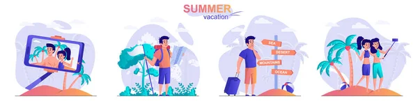 Сцена концепции летнего отдыха. Пара делает селфи на пляже, путешественник с рюкзаком, друзья отдыхают на море. Сдерживание активности людей. Векторная иллюстрация символов в плоском дизайне — стоковый вектор