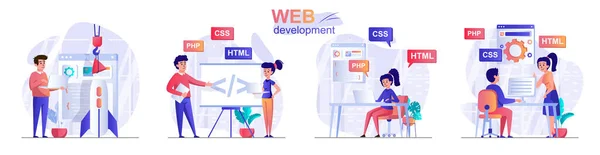 Webfejlesztés koncepció jelenetek beállítva. A fejlesztők weboldalt hoznak létre, a tervezők interfészt hoznak létre, a programozók kódolják a kódot. Emberi tevékenységek gyűjteménye. A sík kialakítású karakterek vektorillusztrációja — Stock Vector