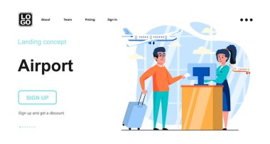 Havaalanı web konsepti. Uçağa binmeden önce yolcu kayıt işlemlerini kontrol edin. İnsan sahnelerinin kalıpları. Web sitesi için düz tasarım karakter etkinlikleri ile vektör illüstrasyonu