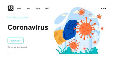 Coronavirus web konsepti. Viral enfeksiyonla yapılan tıbbi el dövüşleri, hastalık bakterilerinin yayılmasını önler. İnsan sahnelerinin kalıpları. Web sitesi için düz tasarım karakter etkinlikleri ile vektör illüstrasyonu