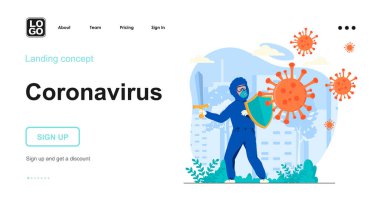 Coronavirus web konsepti. Koruyucu giysili sıhhiyeci, kalkan ve kılıçla viral enfeksiyonla savaşıyor. İnsan sahnelerinin kalıpları. Web sitesi için düz tasarım karakter etkinlikleri ile vektör illüstrasyonu